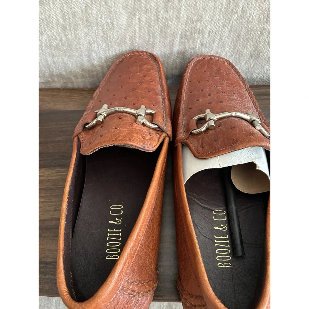 Boozie & Co Genuine Ostrich Quill Driving Moccasins Bit Loafer Cognac Tan Sz 8